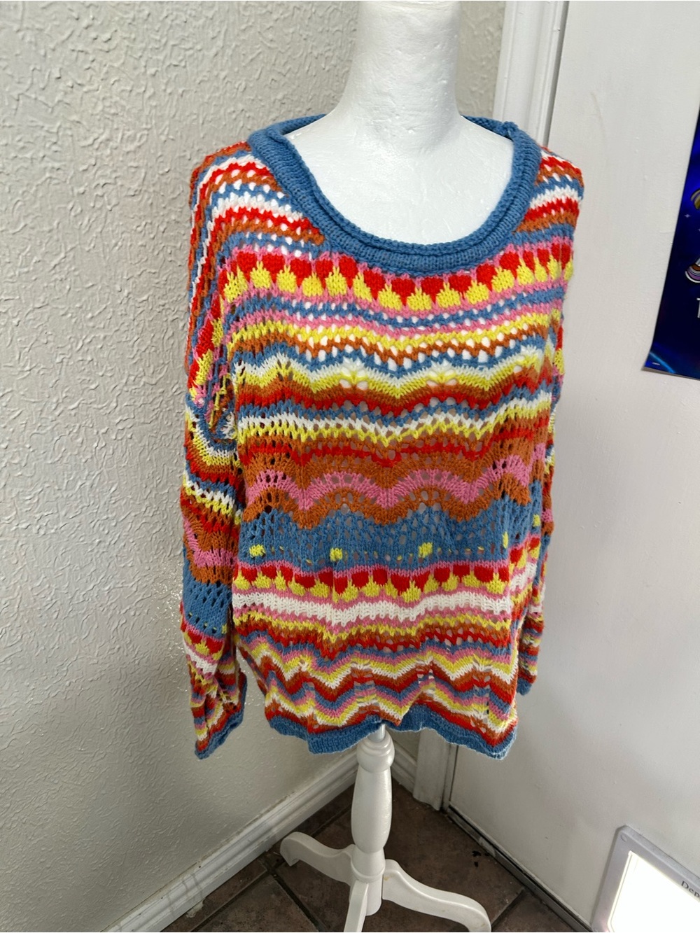 Multicolor Wave Knit Sweater - Blue Trim